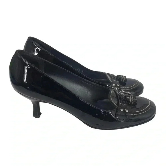 STUART WEITZMAN HEELS WOMENS 7.5 BLACK PATENT LEATHER TASSEL KITTEN - Picture 7 of 14